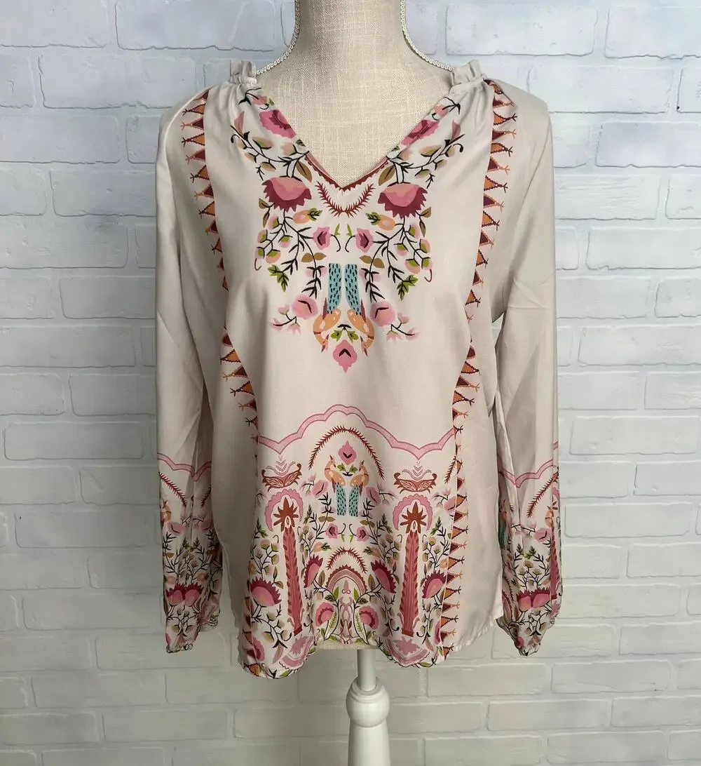 Boho Boutique Women's Tan Western Floral Print Peasant Top Blouse -sz S - Picture 1 of 6
